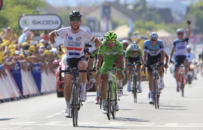 Mark Cavendish (Omega Pharma-QuickStep) won stage 13 from a select 14 man group that emerged from crosswinds and echelons