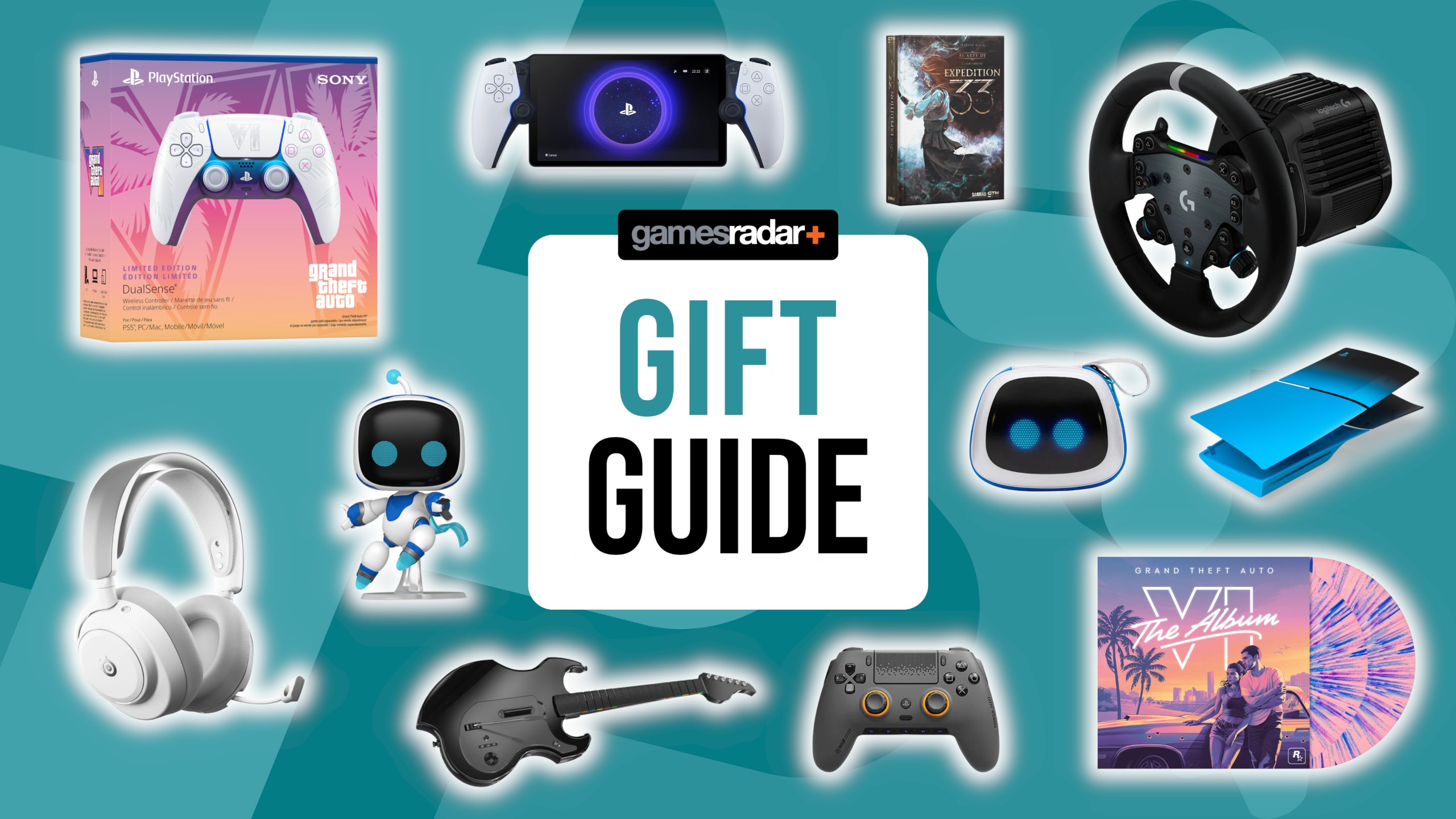 PlayStation hardware and accessories on a light blue background with gift guide badge