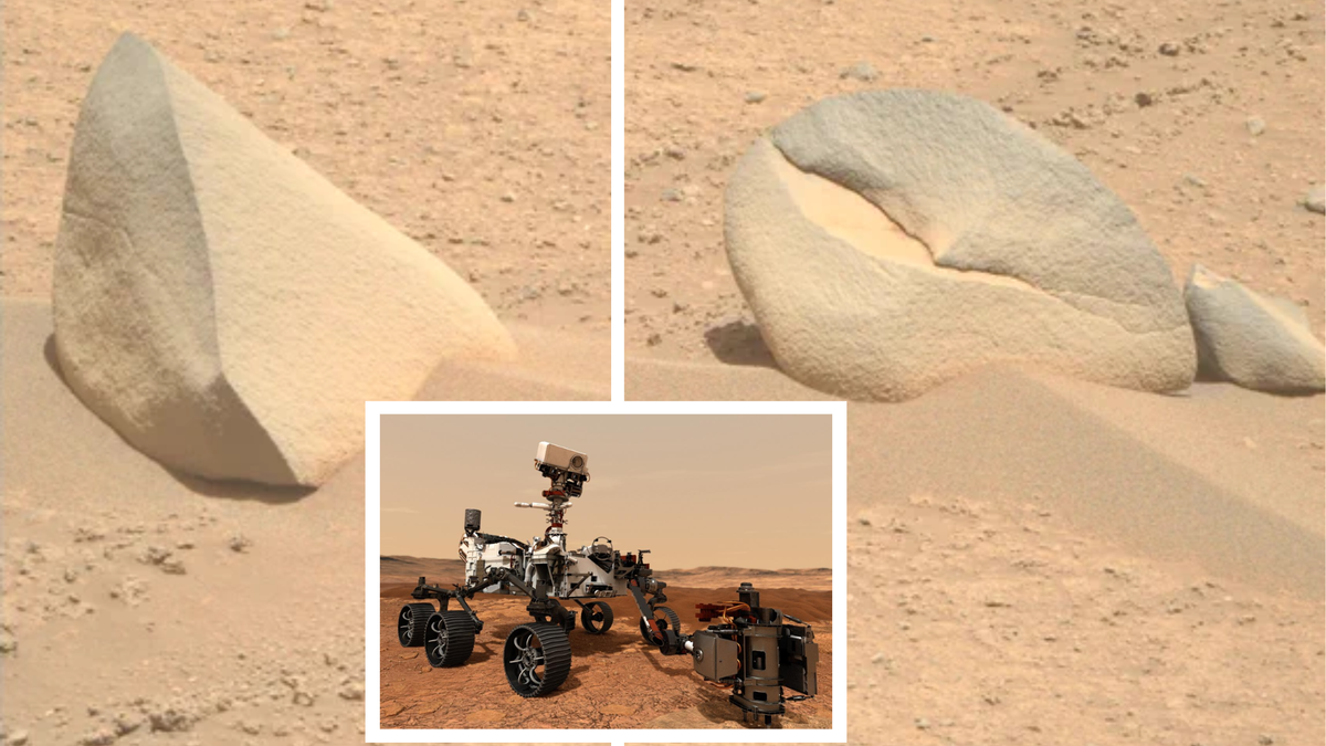 (left) a shark fin shaped rock on Mars (right) an accompanying crab claw shaped boulder (insert) NASA&#039;s Perseverance Rover