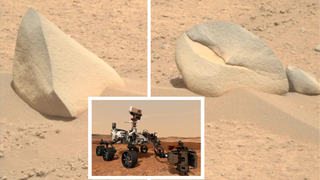 (left) a shark fin shaped rock on Mars (right) an accompanying crab claw shaped boulder (insert) NASA's Perseverance Rover