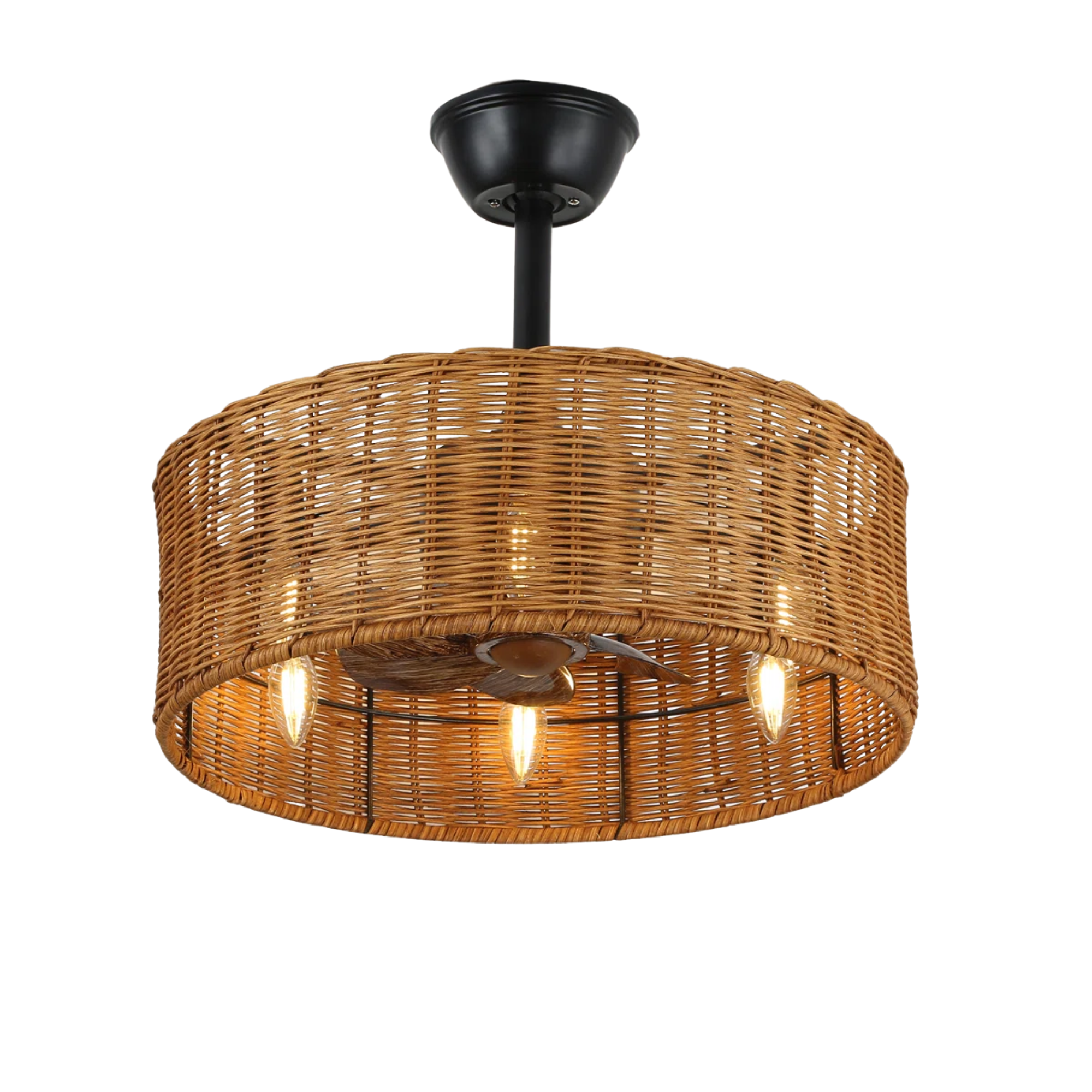 fandelier with wicker exterior and a black metal interior