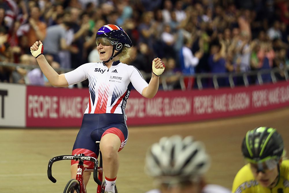Britain's Emily Kay celebrates winning the Women's Omnium
