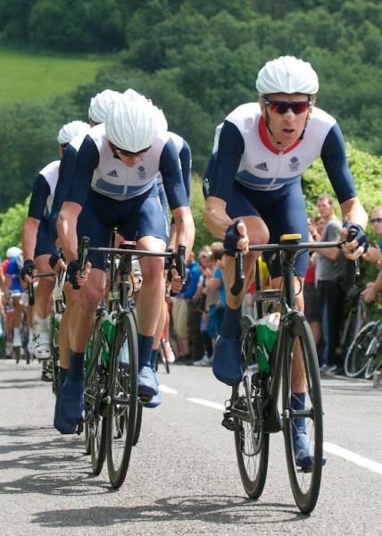 Six days after his victory in Paris, Wiggins took to the roads of Surrey and south west London with his four GB team mates in an attempt to propel Mark Cavendish to the Olympic title. While Ian Stannard and David Millar rode their usual team bikes, Wiggins, Froome and Cavendish had specially built bikes with UK Sport Innovation written on the top tube.