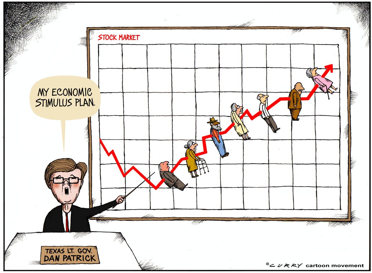 Political Cartoon U.S. gov Dan Patrick economic stimulus plan elderly death rate rises coronavirus