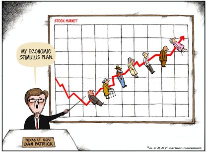 Political Cartoon U.S. gov Dan Patrick economic stimulus plan elderly death rate rises coronavirus