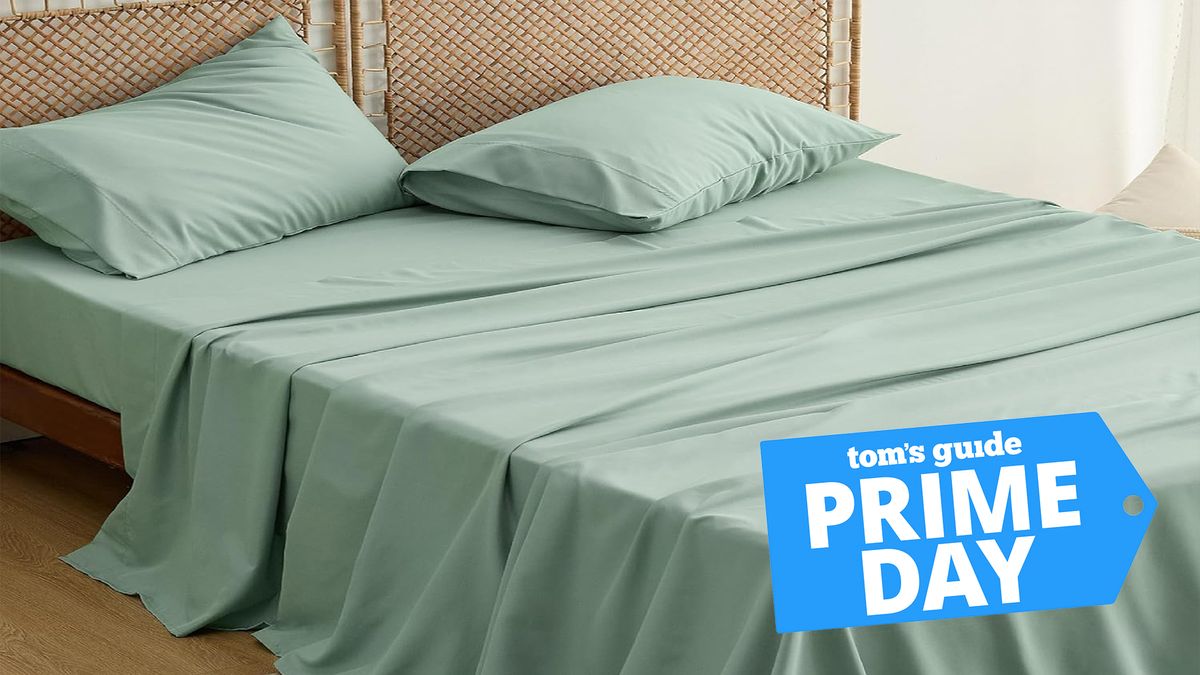 Bedsure dorm room bedding set in sage green with a blue Prime Day deals badge overlaid on the bottom right corner