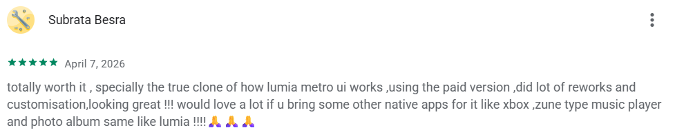 User review by Subrata Besra with a five-star rating, praising a Lumia Metro UI clone app for its design and customization options. Emotions: satisfaction.