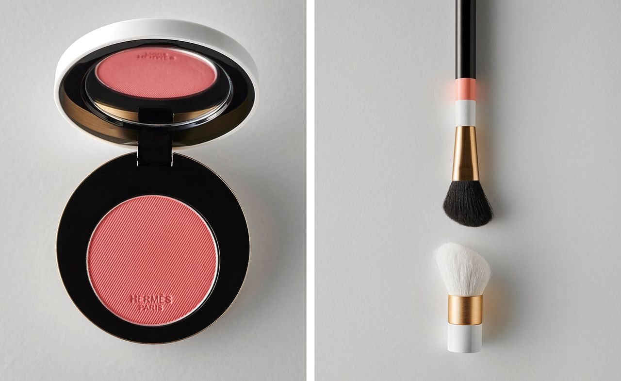 Hermes Beauty Rose Hermes blush next to Hermes blush brushes 