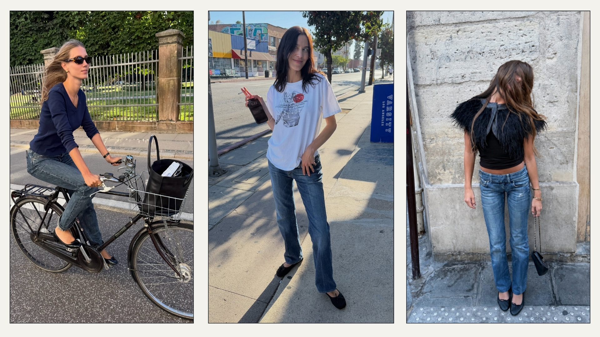 Collage of influencers wearing skinny jeans with ballet flats.