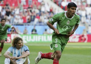 Carlos Salcido celebrates after scoring for Mexico against Argentina at the Confederations Cup in 2005.