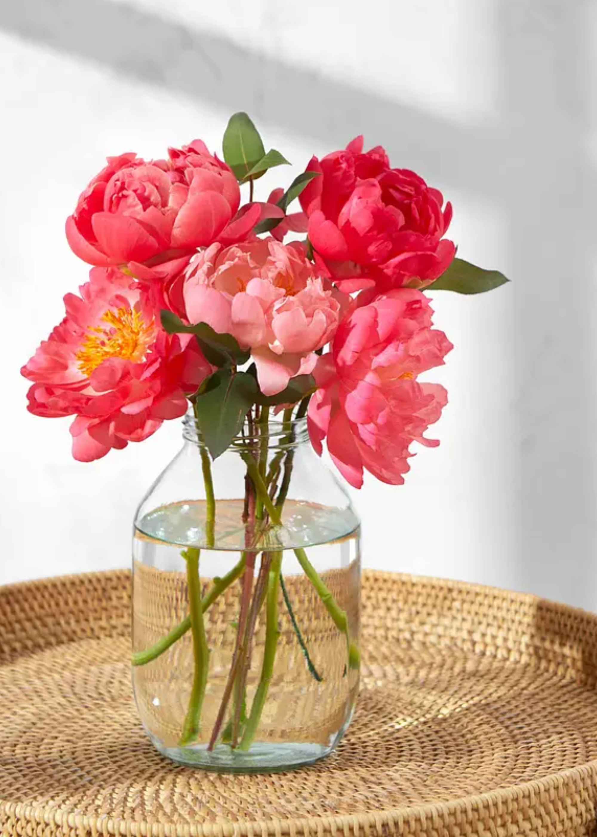 A vase of pink peonies in bloom on a rattan side table