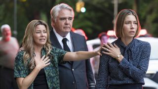 Elizabeth Banks, Michael Harney, and Jessica Biel in "The Better Sister" on Prime Video