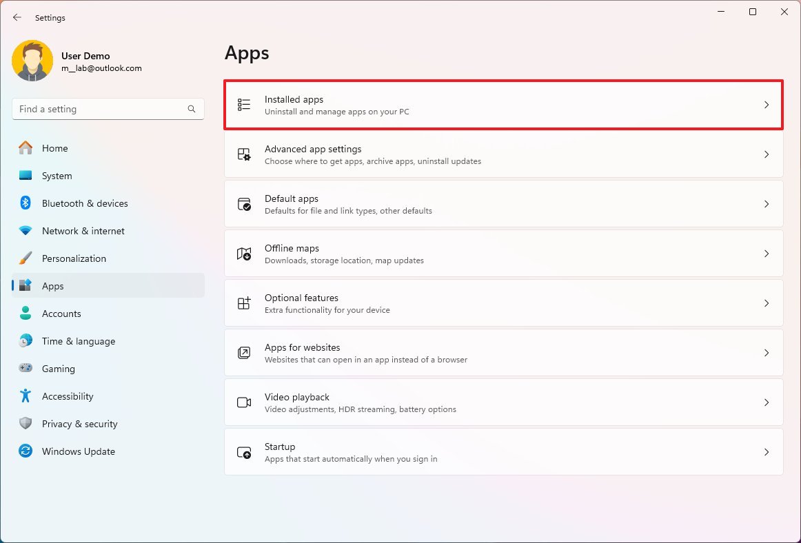 Windows 11 Installed apps page option