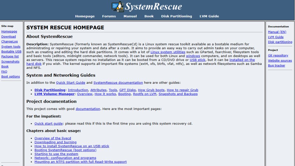 Website screenshot of SystemRescue (January, 2026)