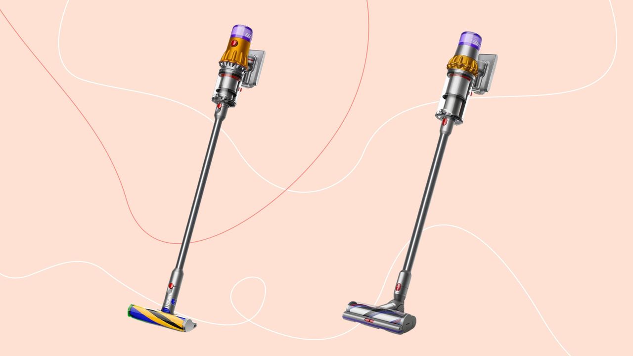 Dyson V12 Detect Slim Absolute and Dyson V15 Detect Absolute cordless vacuums on pink background