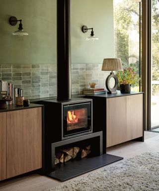 woodburning stove with glass wall lights in green living room