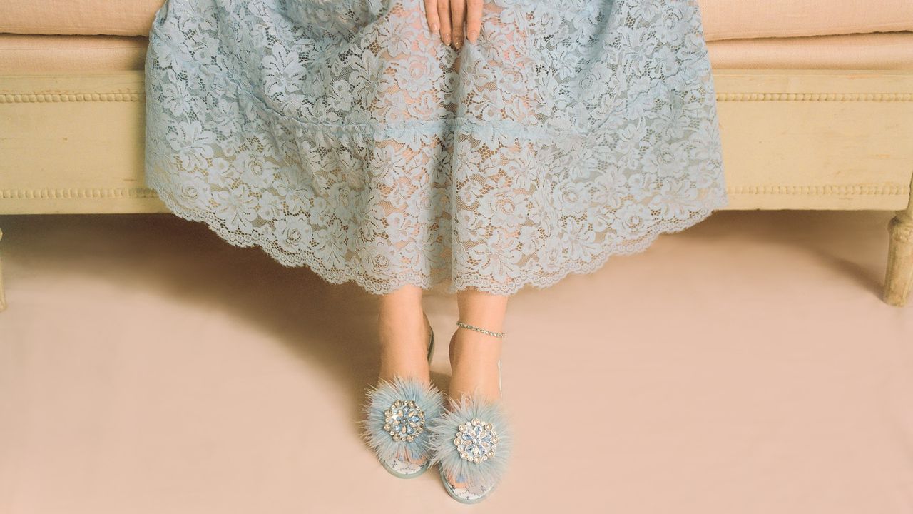 Blue ostrich feather shoes from Hill House Home