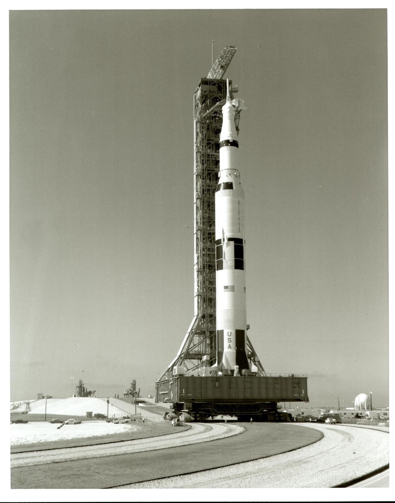 The Apollo 11 Saturn V rocket rolling out to the launch pad on May 20, 1969.