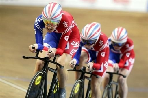 The British team Danielle King, Laura Trott and Wendy Houvenaghel compete during the team pursuit
