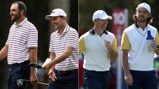 Scottie Scheffler and Russel Henley walk alongside each other, as do Rory McIlroy and Tommy Fleetwood