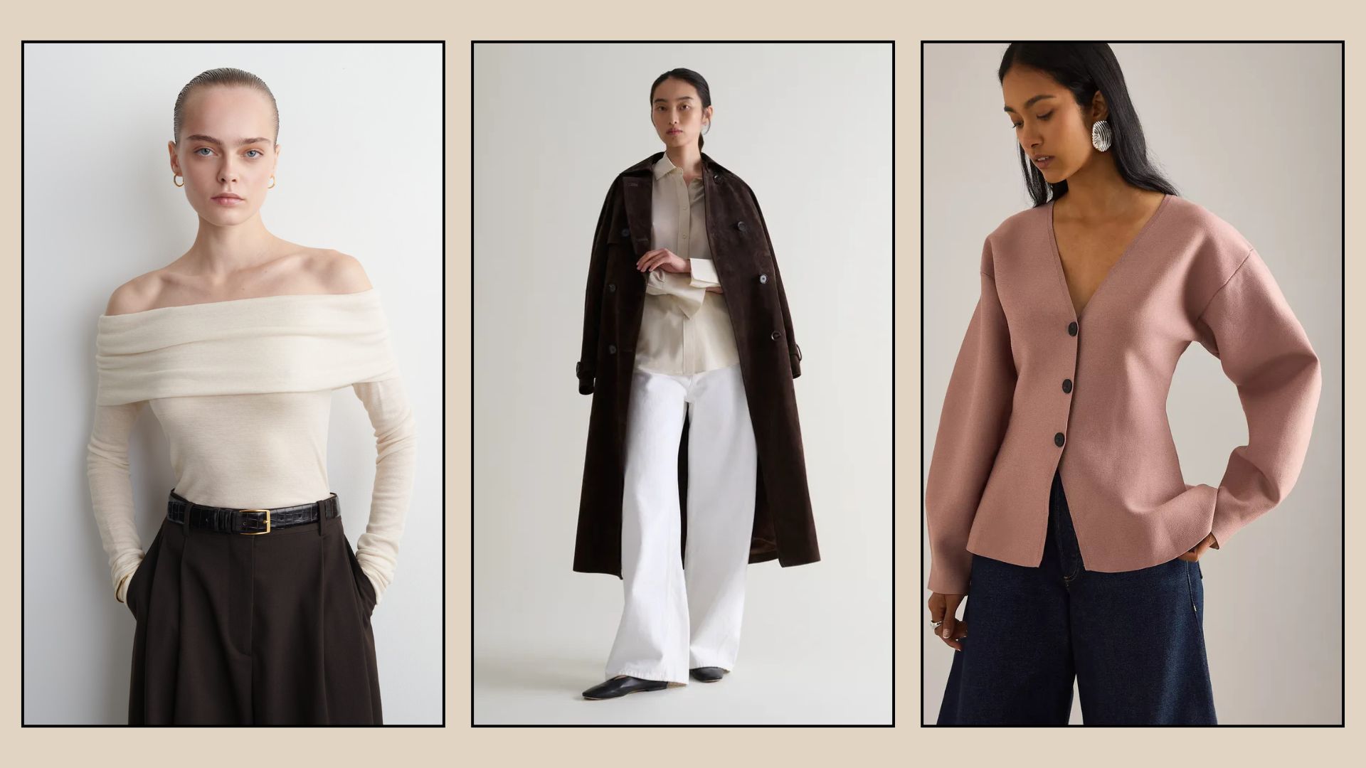 woman wears off should cream top and brown trousers; woman wears brown suede coat, cream shirt and white jeans; woman wears pink tapered cardigan and blue jeans