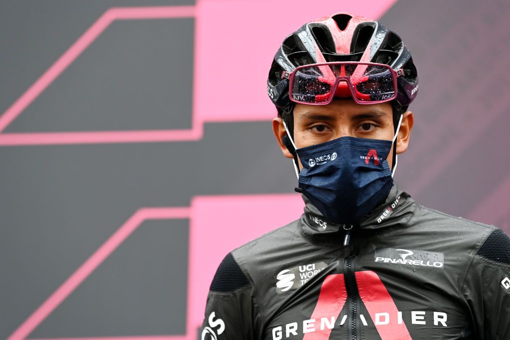 CANALE ITALY MAY 10 Egan Arley Bernal Gomez of Colombia and Team INEOS Grenadiers at start during the 104th Giro dItalia 2021 Stage 3 a 190km stage from Biella to Canale Mask Covid safety measures Team Presentation girodiitalia Giro on May 10 2021 in Canale Italy Photo by Stuart FranklinGetty Images