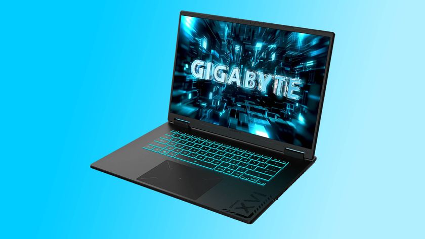 A Gigabyte Gaming A16 Pro gaming laptop on a light blue background.