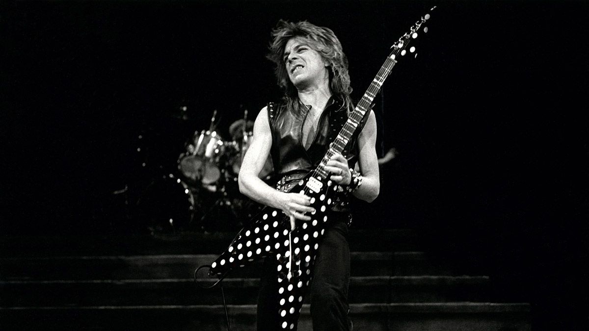 Randy Rhoads, live onstage in Chicago, 1982, playing his polka-dot 1979 Karl Sandoval custom V