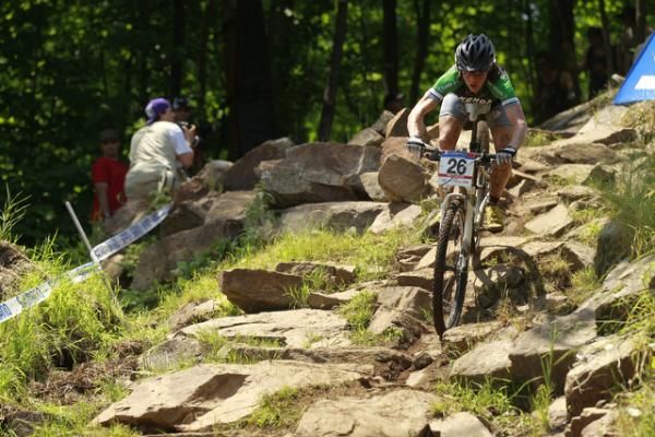 Mary cleans the rocky drop, Mont Ste Anne (photo credit Gary Green)