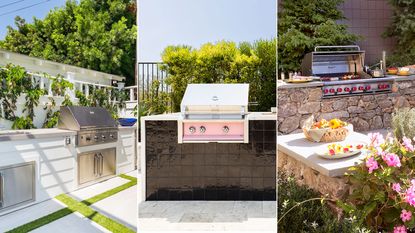 three small outdoor kitchens and patios