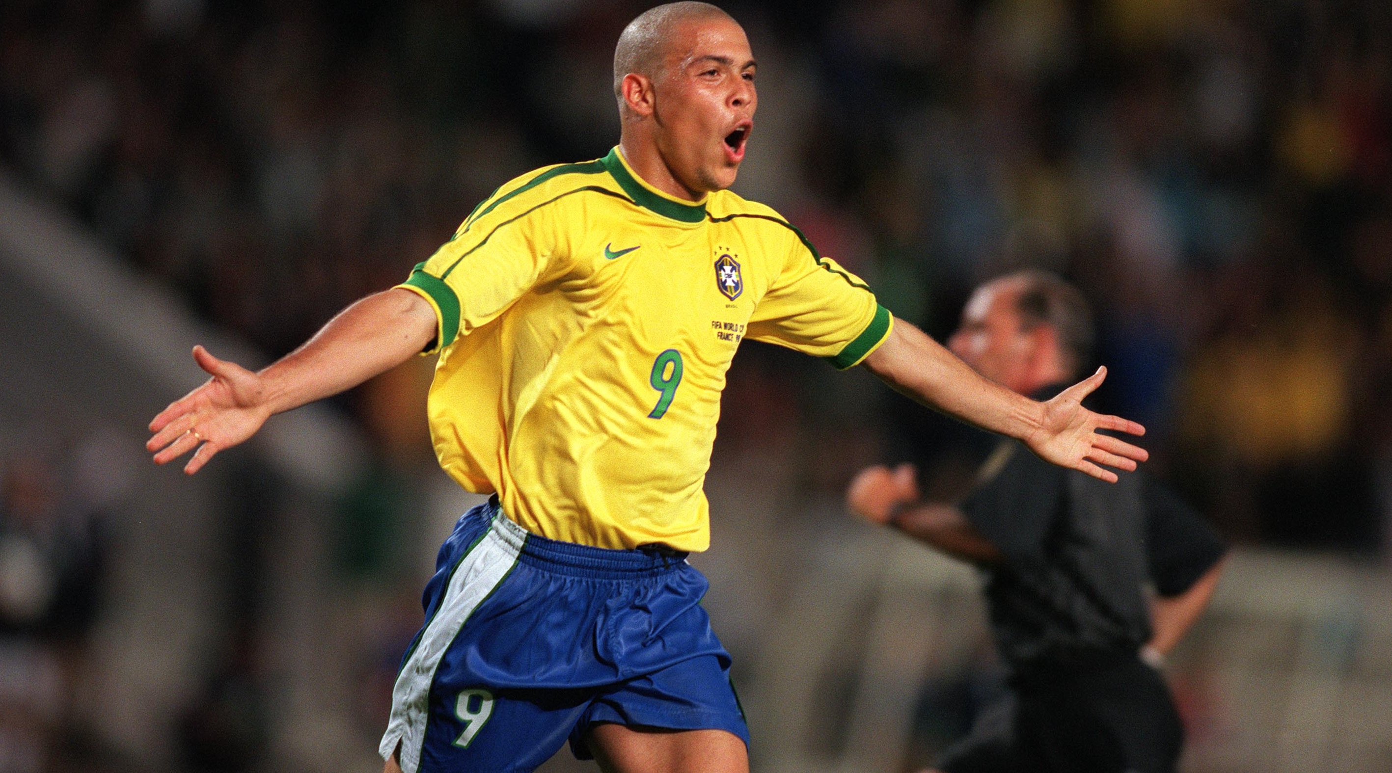 Ronaldo of Brazil celebrates after scoring against Chile during the 1998 FIFA World Cup in France.