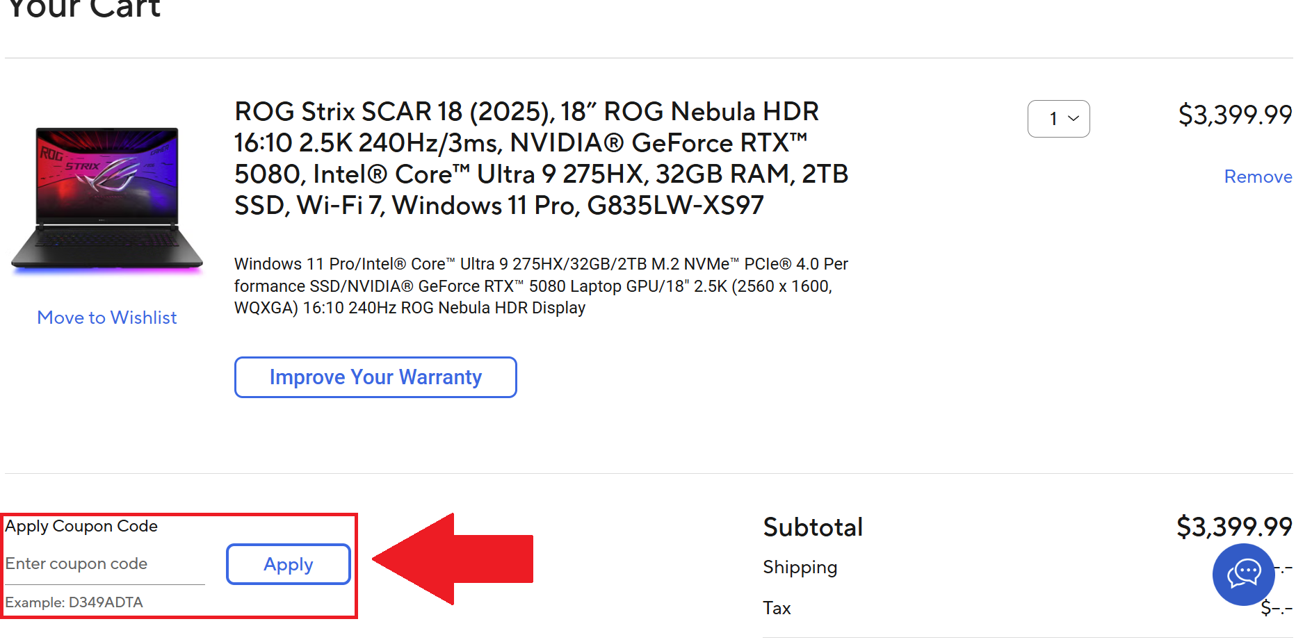 A screenshot of the ASUS checkout page showing where to enter your asus promo code