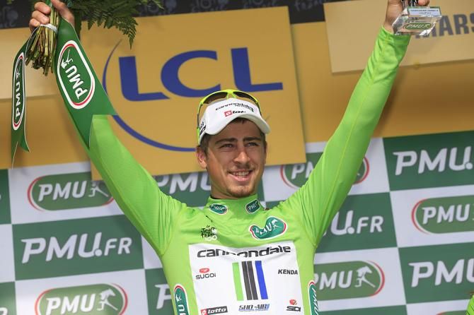 Peter Sagan (Cannondale) seemed to be enjoying the green jersey during the awards ceremony of stage 5