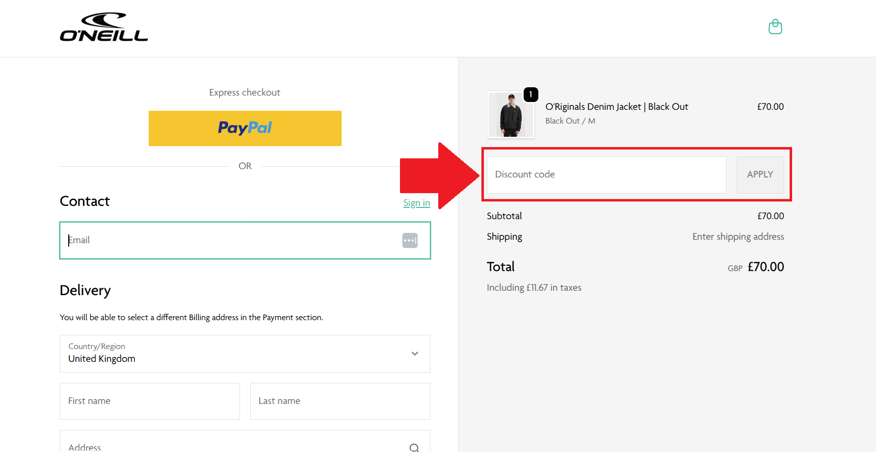 A screenshot showing the O'Neill checkout page and where to enter an O'Neill discount code