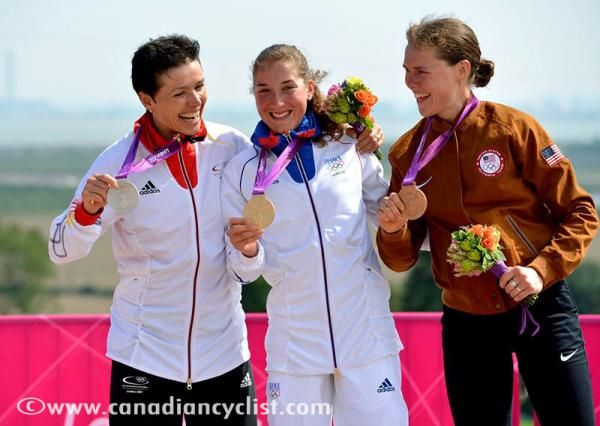 Olympic women's mountain bike podium: Sabine Spitz (Germany), Julie Bresset (France), Georgia Gould (United States)