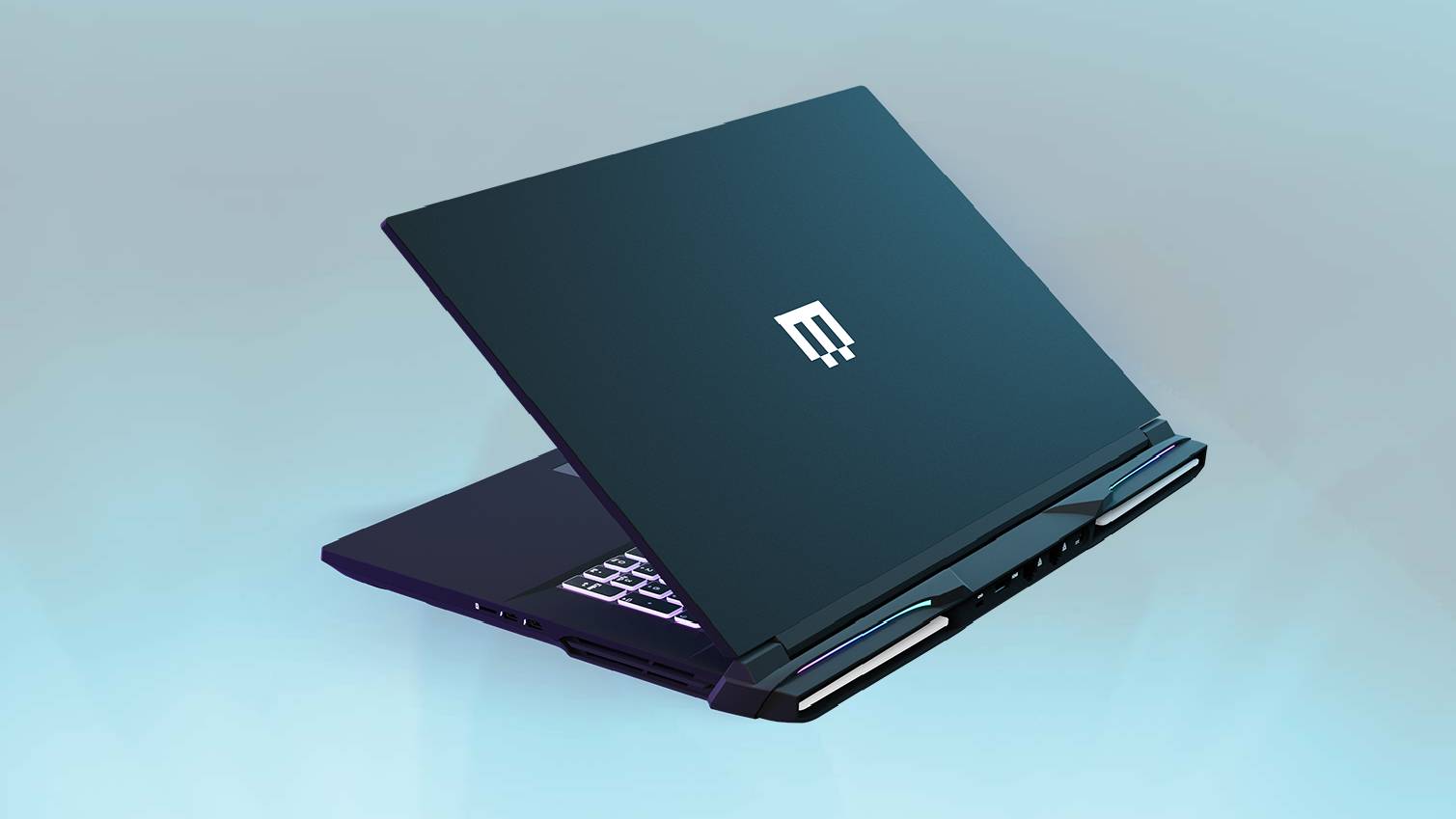 Maingear Ultima 18 rear side angle on abstract blue background