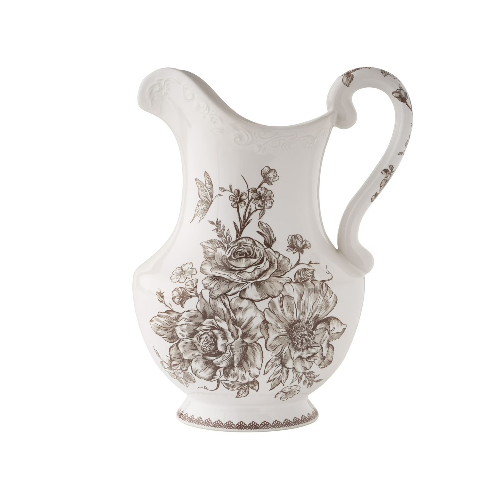 Vintage-style stone pitcher with brown floral design