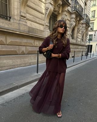 French Outfit Updates: @slipintostyle wears a sheer burgundy skirt with a matching jumper