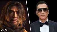 Donnie Yen next to his character from Phantom Blade Zero