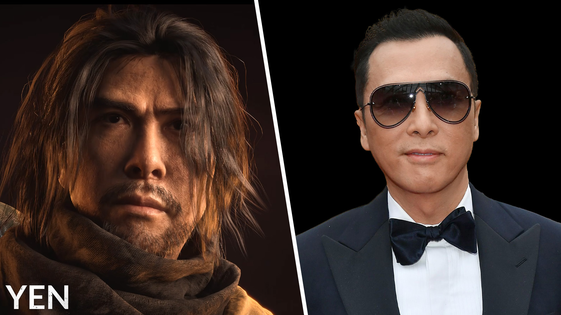 Donnie Yen next to his character from Phantom Blade Zero