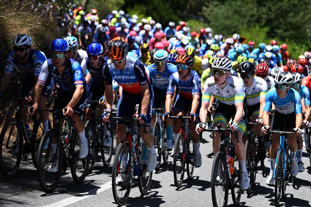 Peloton is tightly packed on the Fox Creek Climb