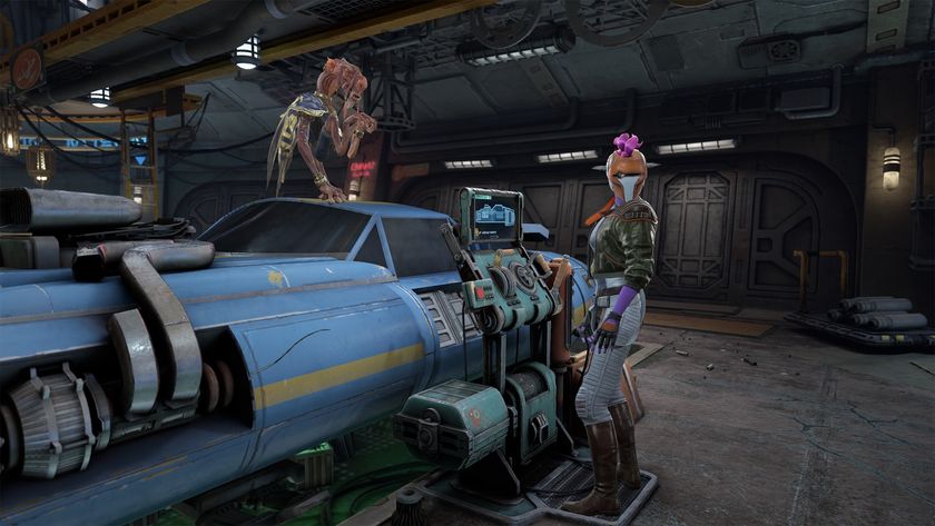 A screenshot from Star Wars: Beyond Victory showing Sebulba standing atop a podracer in a garage, while Luuda stands next to it.