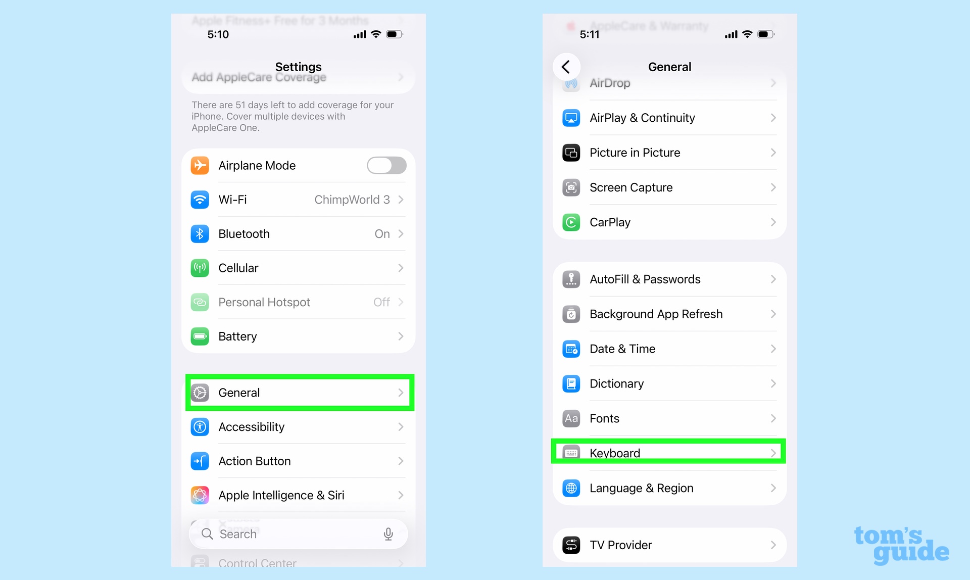 Select General in Settings and then tap Keyboard