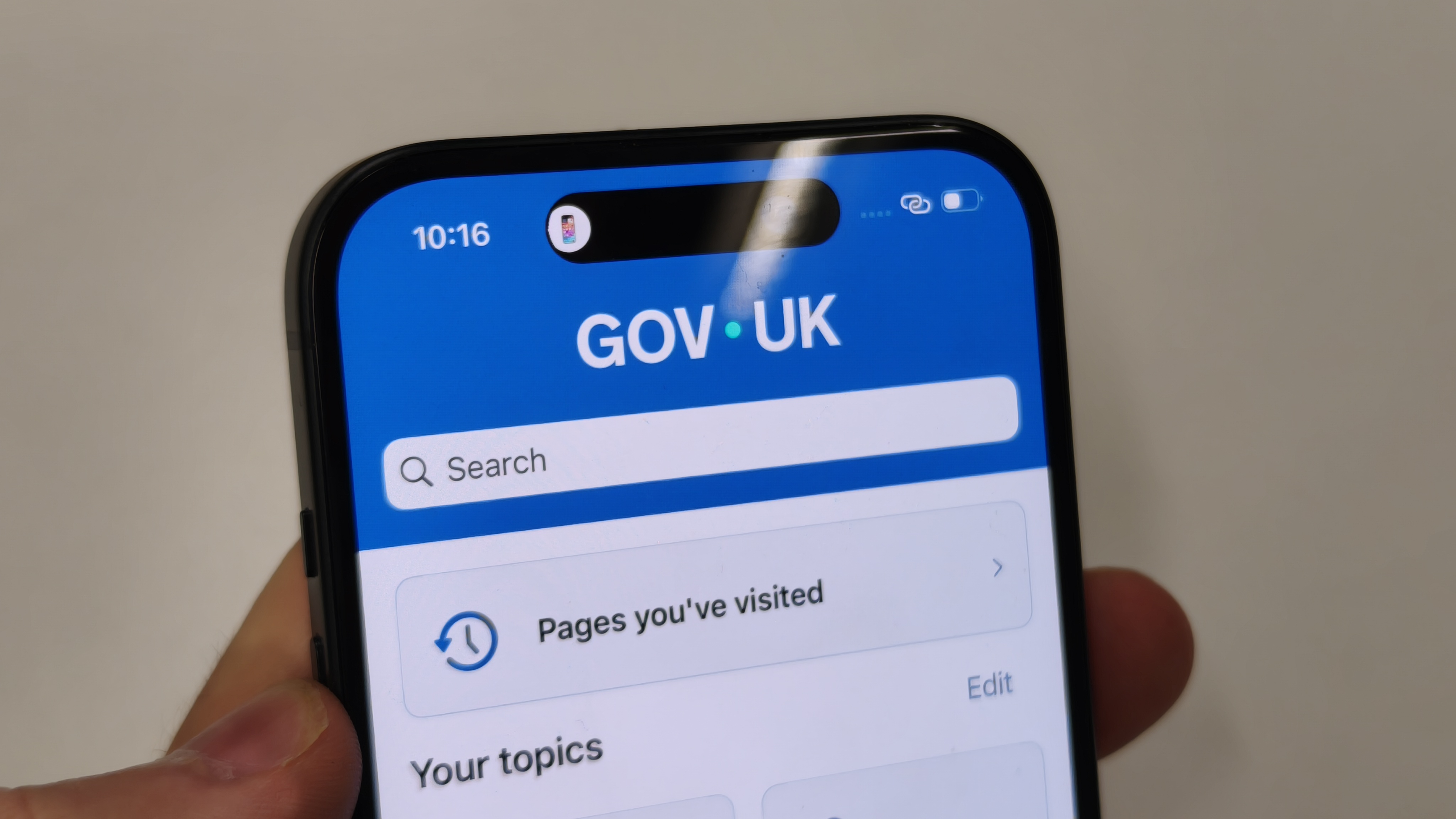 The Gov.uk app open on an iPhone 15