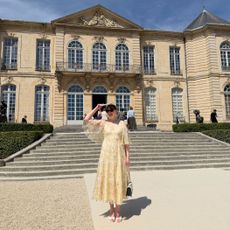 Fashion editor Erin Fitzpatrick wears an Erdem dress in Paris during Haute Couture Week