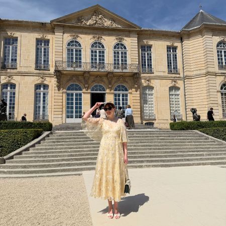 Fashion editor Erin Fitzpatrick wears an Erdem dress in Paris during Haute Couture Week