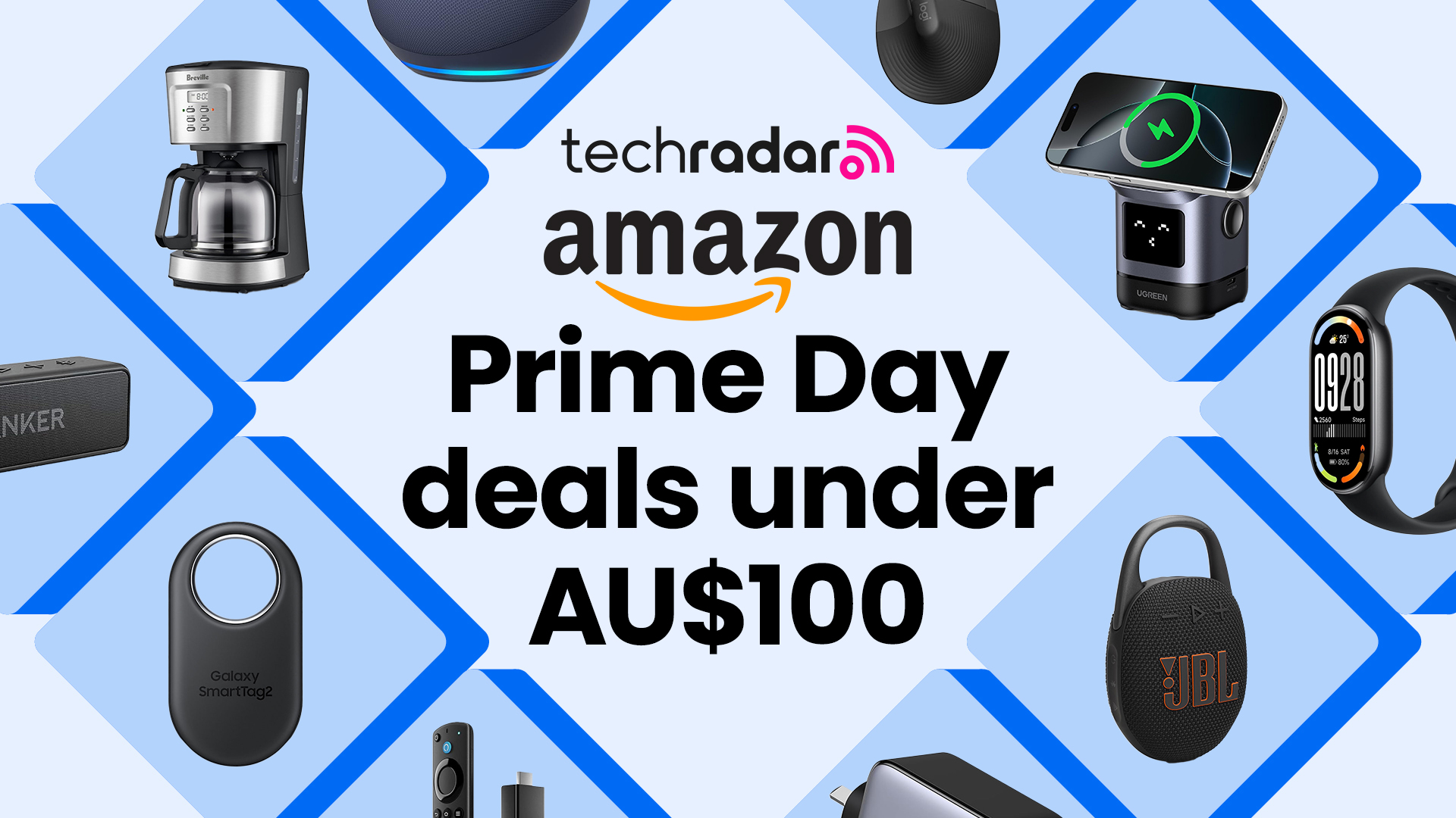 Various tech gadgets around a Prime Day banner