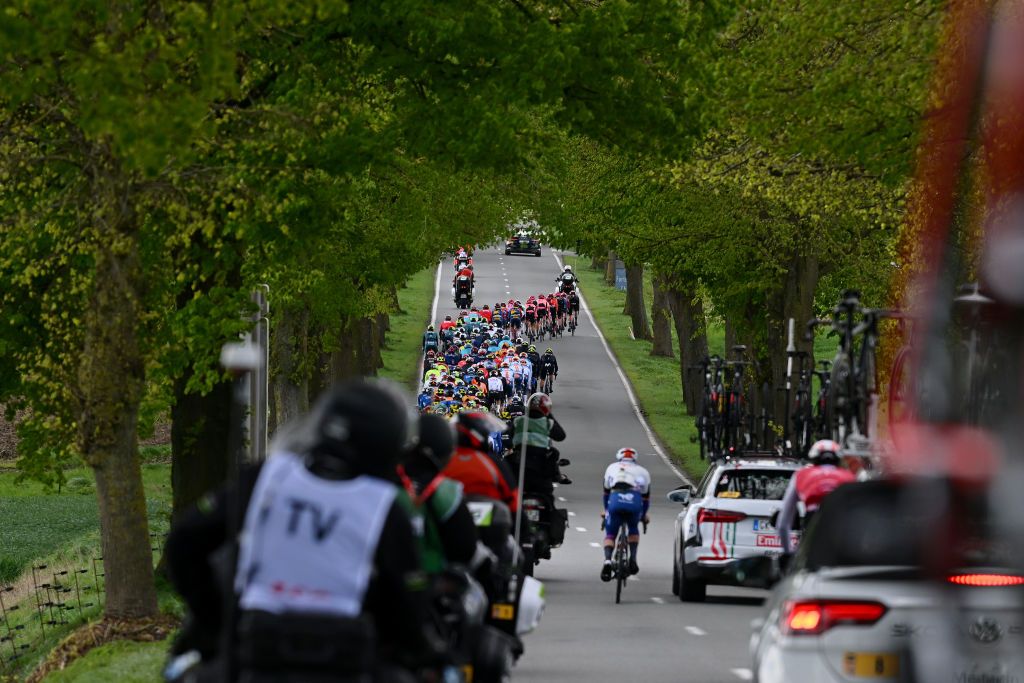 HUY BELGIUM APRIL 17 A general view of the peloton competing during the 88th La Fleche Wallonne 2024 Mens Elite a 1986km one day race from Charleroi to Huy UCIWT on April 17 2024 in Huy Belgium Photo by Dario BelingheriGetty Images