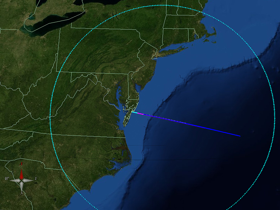 This map shows the projected area in which the chemical tracers released by the ATREX rockets may be visible to the public. The clouds formed by the chemical tracers may be visible from the North Carolina/South Carolina border up to southern Vermont and New Hampshire and west to central West Virginia. Viewing is dependent on lighting in the area in which you are viewing, cloud cover and also the trajectory of the rocket.