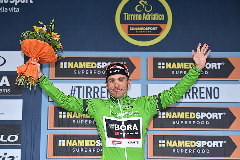 Cesare Benedetti in the green jersey at Tirreno-Adriatico
